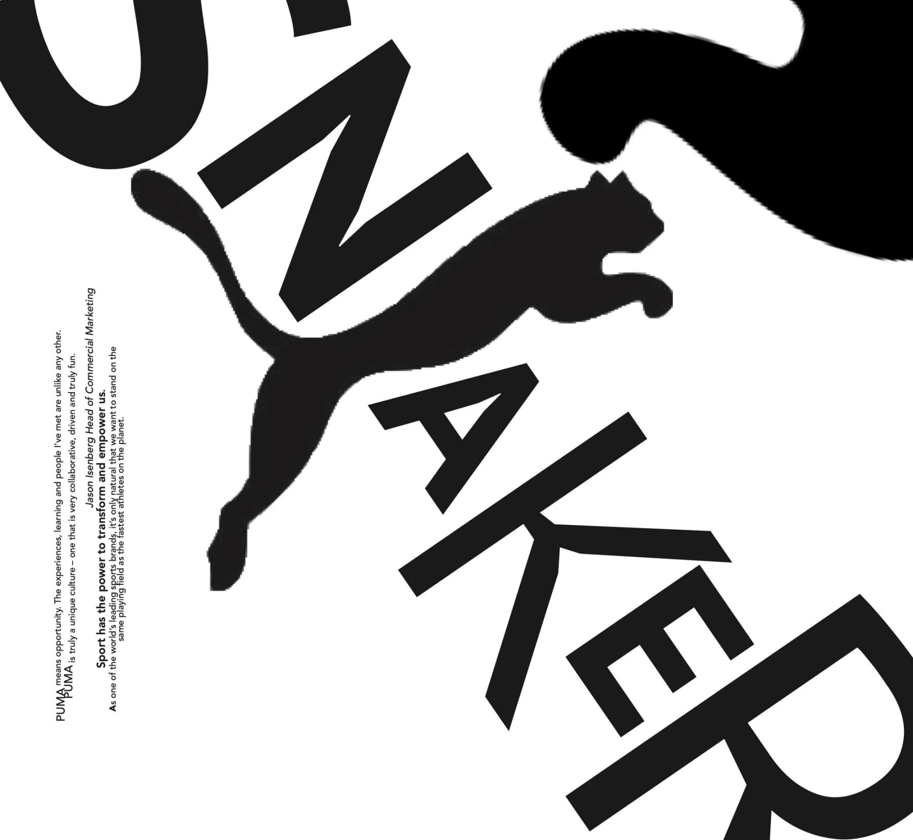 Fiktives Puma-Magazin „Sneaker Collection 2020“ (Studienarbeit), Seite 2: Schwarz-Weiß-Typografie mit Pinselschrift, Tuscheflecken und Sneakern