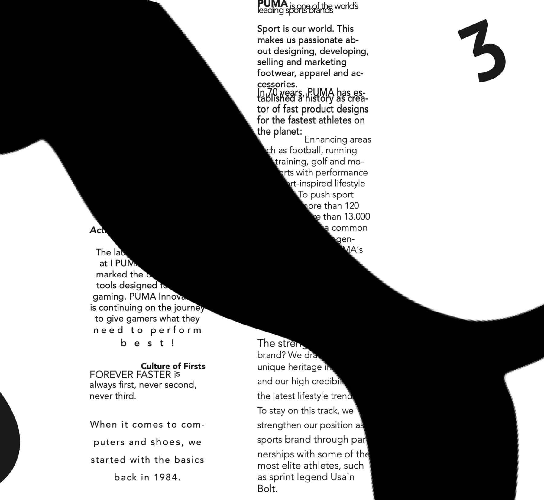 Fiktives Puma-Magazin „Sneaker Collection 2020“ (Studienarbeit), Seite 3: Schwarz-Weiß-Typografie mit Pinselschrift, Tuscheflecken und Sneakern