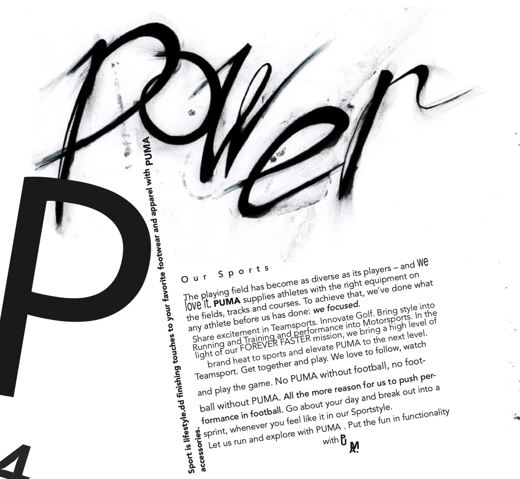 Fiktives Puma-Magazin „Sneaker Collection 2020“ (Studienarbeit), Seite 4: Schwarz-Weiß-Typografie mit Pinselschrift, Tuscheflecken und Sneakern