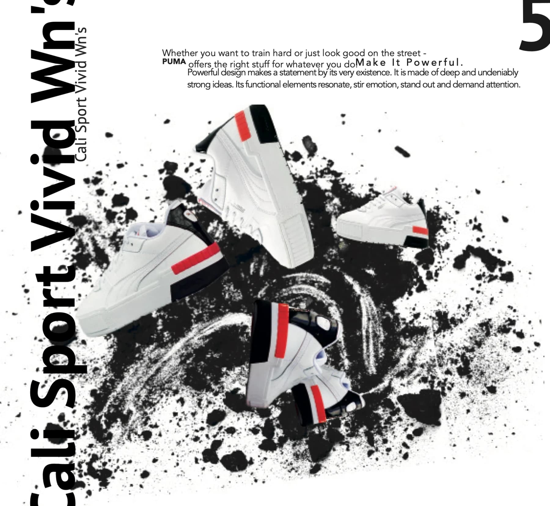 Fiktives Puma-Magazin „Sneaker Collection 2020“ (Studienarbeit), Seite 5: Schwarz-Weiß-Typografie mit Pinselschrift, Tuscheflecken und Sneakern