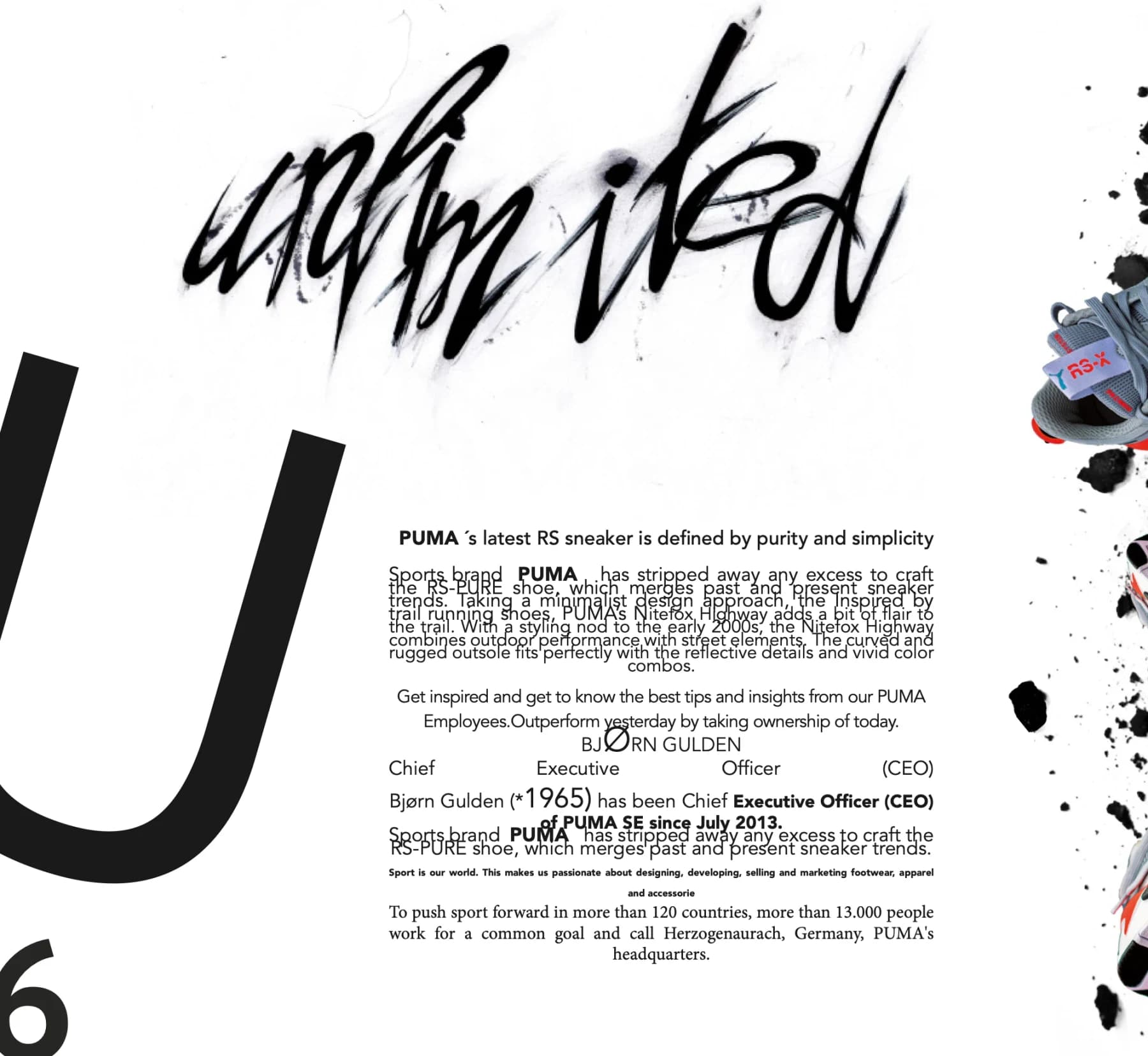 Fiktives Puma-Magazin „Sneaker Collection 2020“ (Studienarbeit), Seite 6: Schwarz-Weiß-Typografie mit Pinselschrift, Tuscheflecken und Sneakern