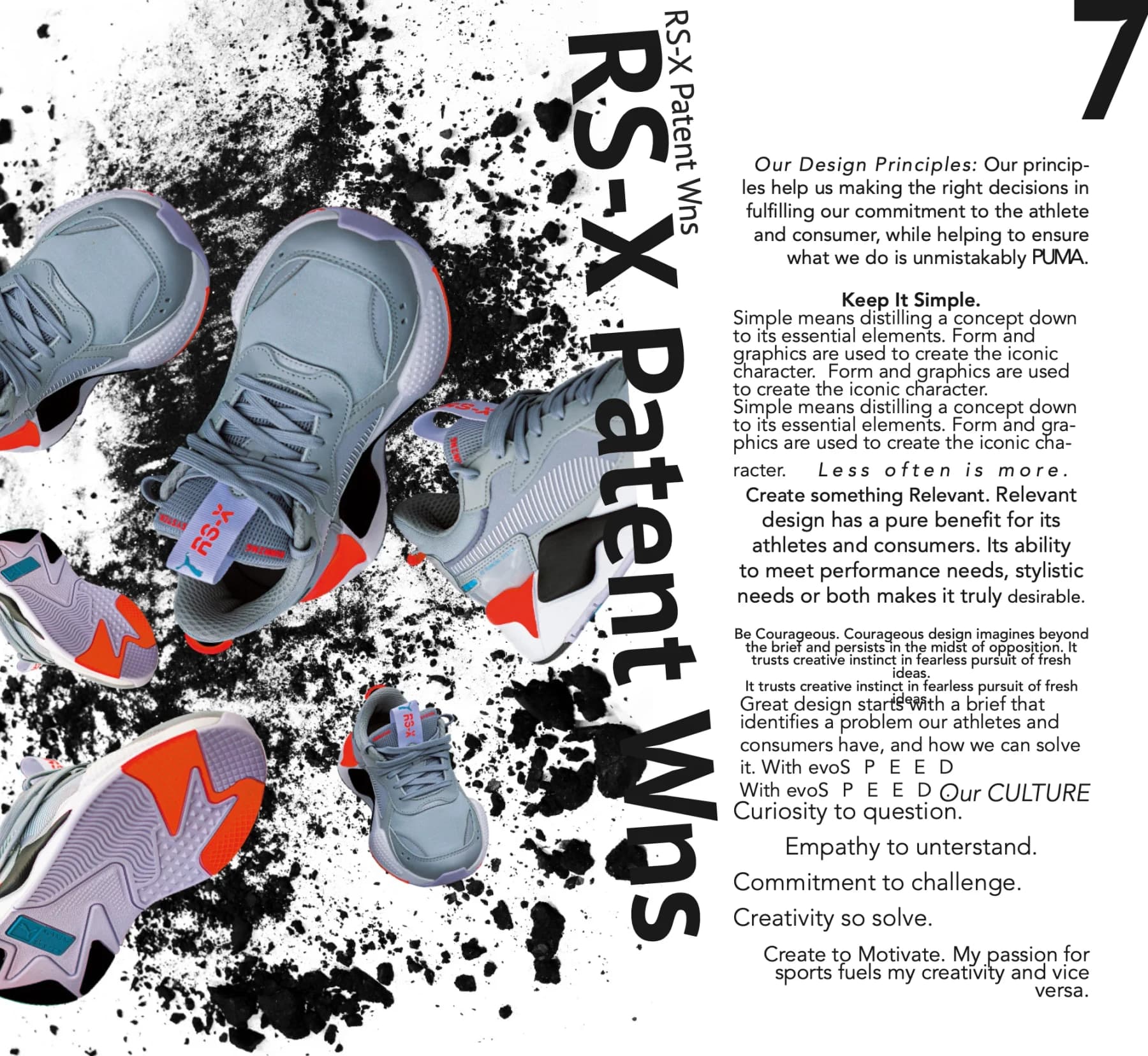 Fiktives Puma-Magazin „Sneaker Collection 2020“ (Studienarbeit), Seite 7: Schwarz-Weiß-Typografie mit Pinselschrift, Tuscheflecken und Sneakern