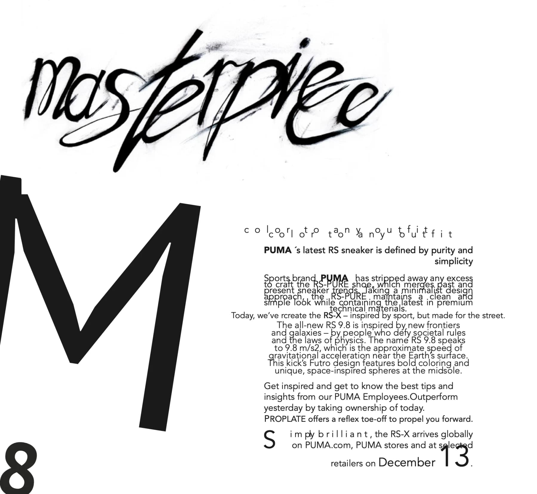 Fiktives Puma-Magazin „Sneaker Collection 2020“ (Studienarbeit), Seite 8: Schwarz-Weiß-Typografie mit Pinselschrift, Tuscheflecken und Sneakern