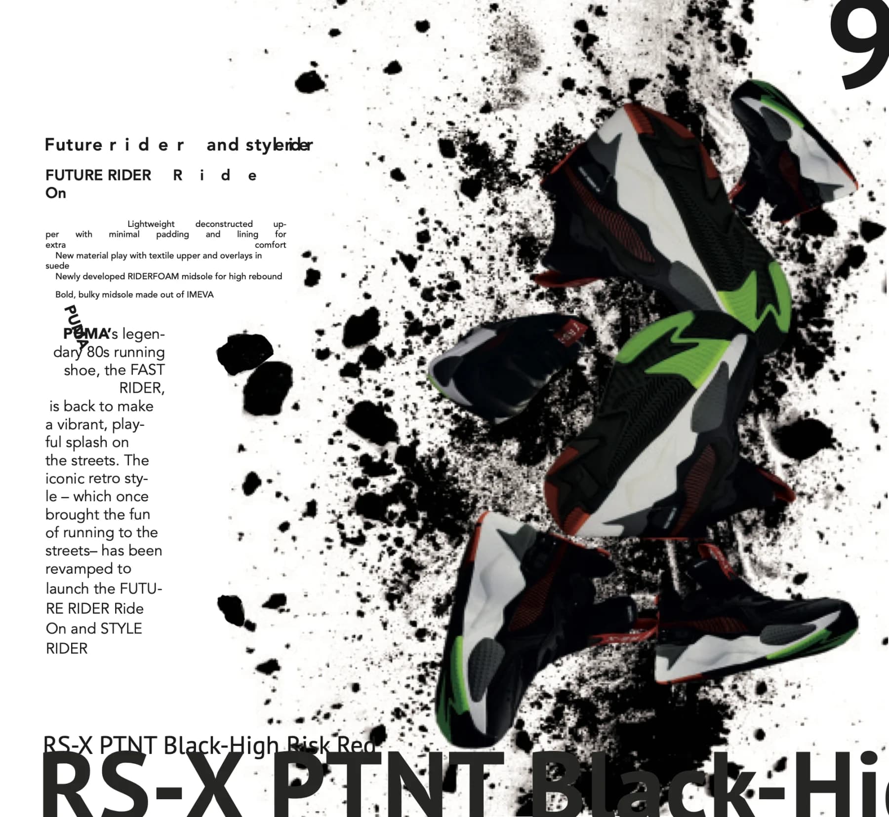 Fiktives Puma-Magazin „Sneaker Collection 2020“ (Studienarbeit), Seite 9: Schwarz-Weiß-Typografie mit Pinselschrift, Tuscheflecken und Sneakern