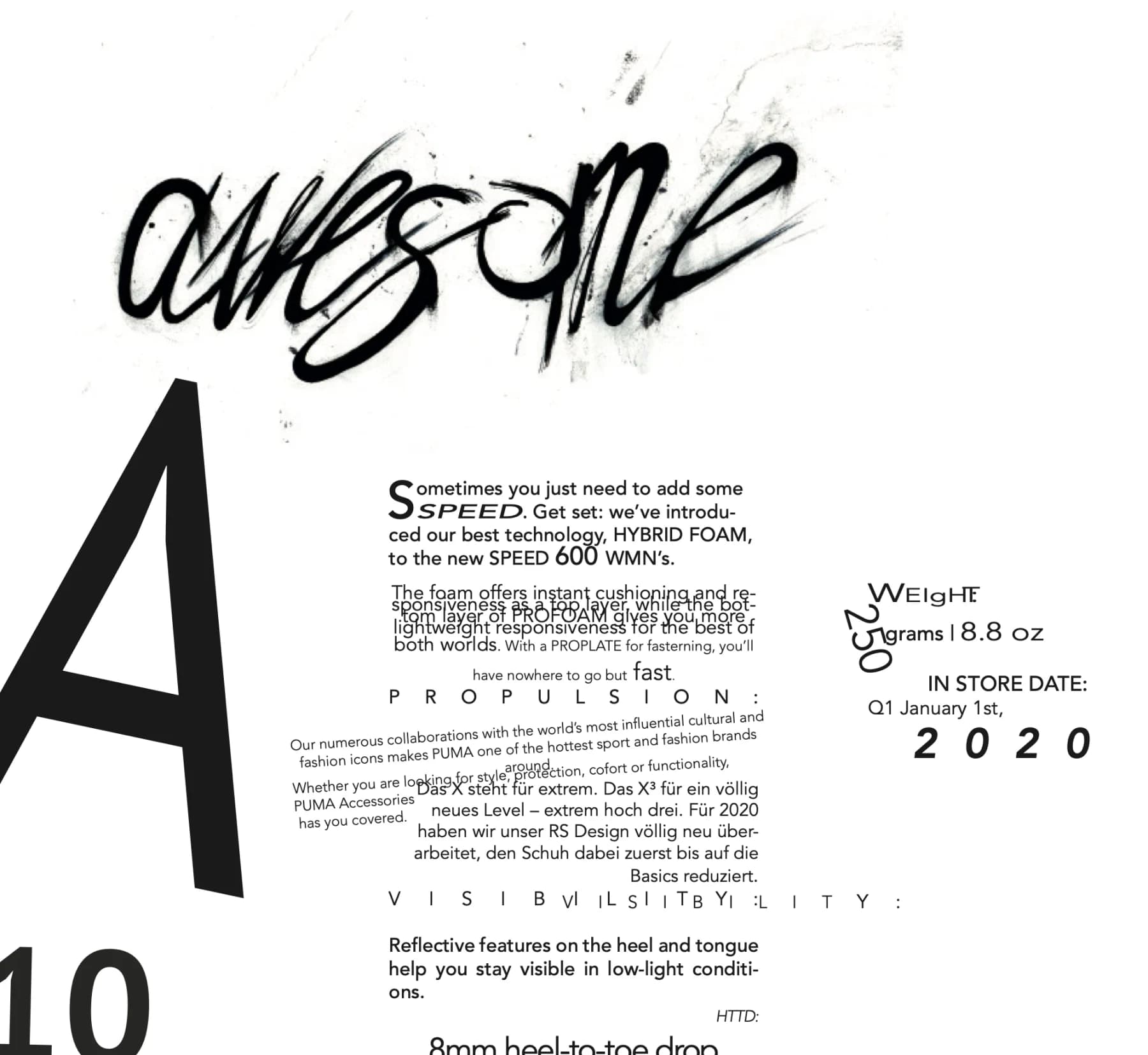 Fiktives Puma-Magazin „Sneaker Collection 2020“ (Studienarbeit), Seite 10: Schwarz-Weiß-Typografie mit Pinselschrift, Tuscheflecken und Sneakern
