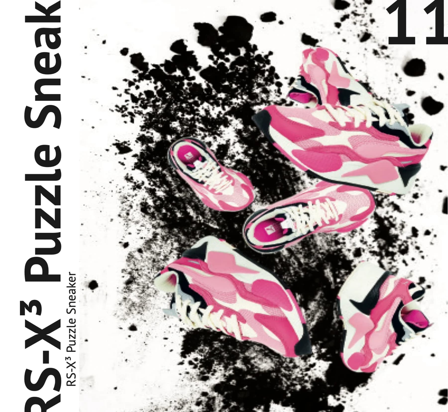 Fiktives Puma-Magazin „Sneaker Collection 2020“ (Studienarbeit), Seite 11: Schwarz-Weiß-Typografie mit Pinselschrift, Tuscheflecken und Sneakern