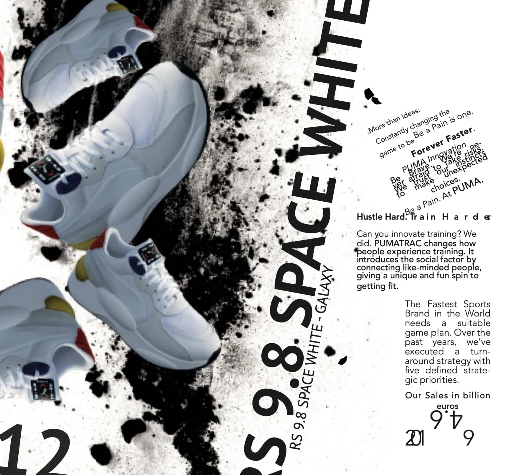 Fiktives Puma-Magazin „Sneaker Collection 2020“ (Studienarbeit), Seite 12: Schwarz-Weiß-Typografie mit Pinselschrift, Tuscheflecken und Sneakern