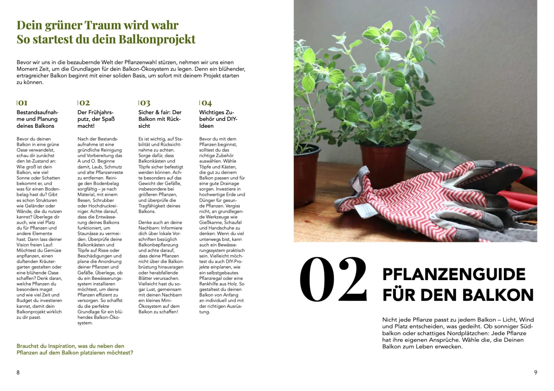 Urban-Gardening-Ratgeber „Dein nachhaltiger Balkon“, Doppelseite 4: Pflanzenfotos, grüne Flächen und Text in Spalten