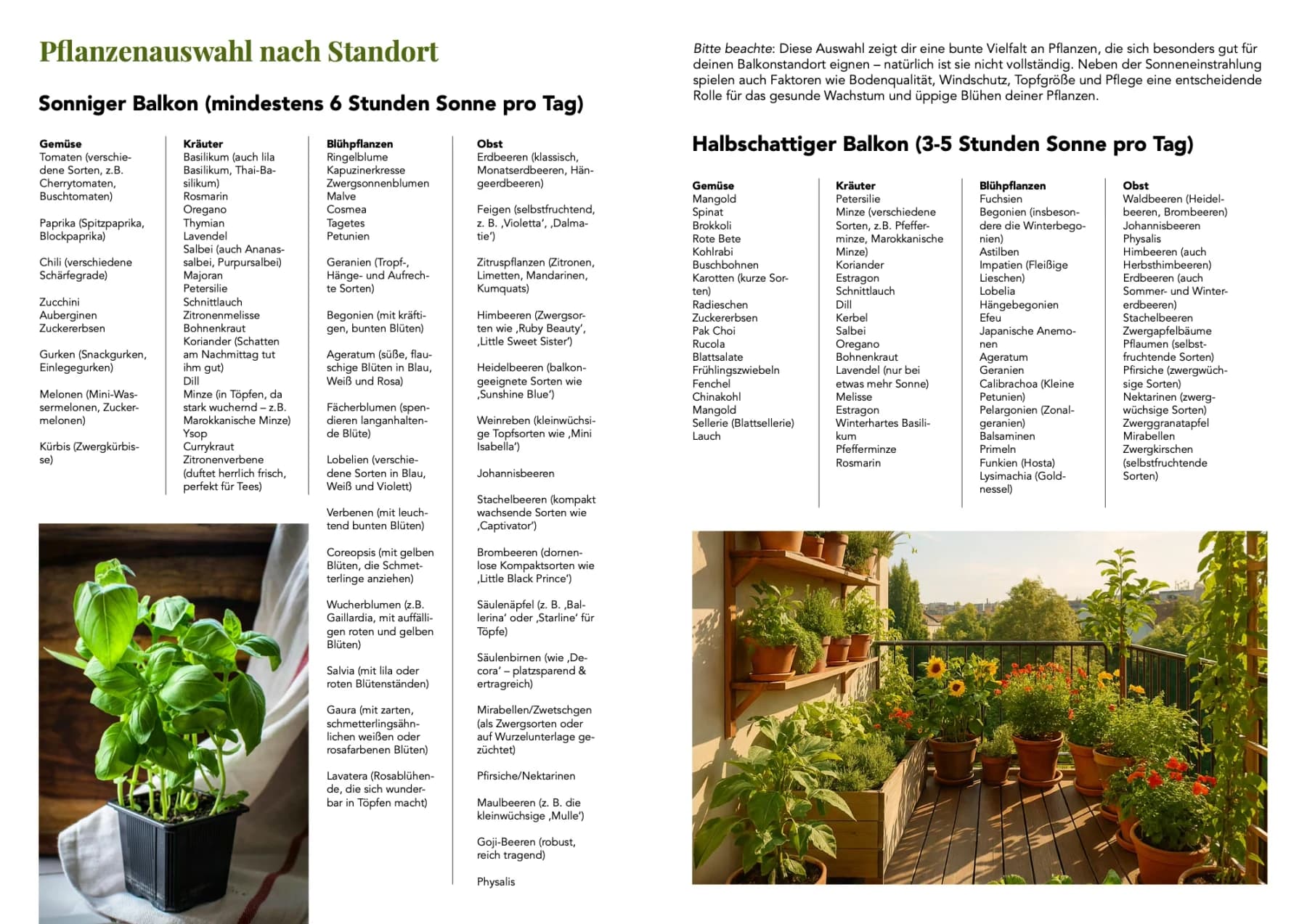 Urban-Gardening-Ratgeber „Dein nachhaltiger Balkon“, Doppelseite 5: Pflanzenfotos, grüne Flächen und Text in Spalten