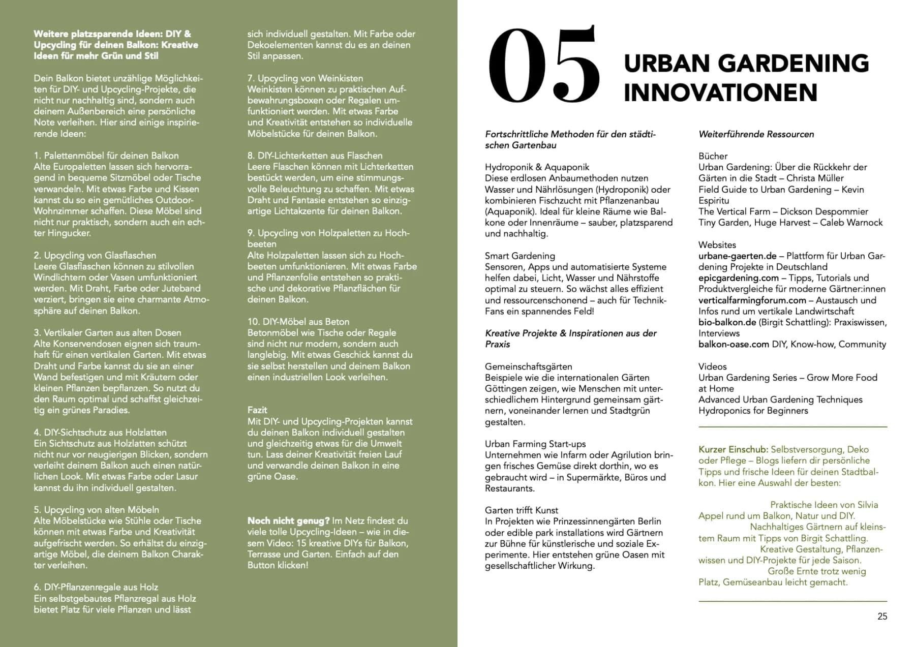 Urban-Gardening-Ratgeber „Dein nachhaltiger Balkon“, Doppelseite 12: Pflanzenfotos, grüne Flächen und Text in Spalten