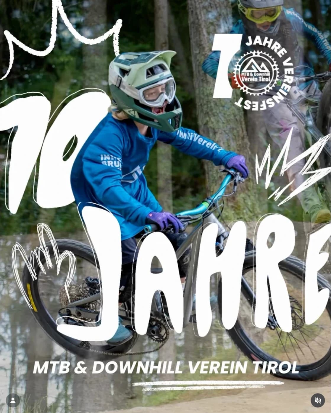 Instagram-Beitrag zum Jubiläum des Vereins: ein Kind auf dem Mountainbike, darüber groß „10 Jahre“ in weißer Pinselschrift und „MTB & Downhill Verein Tirol“
