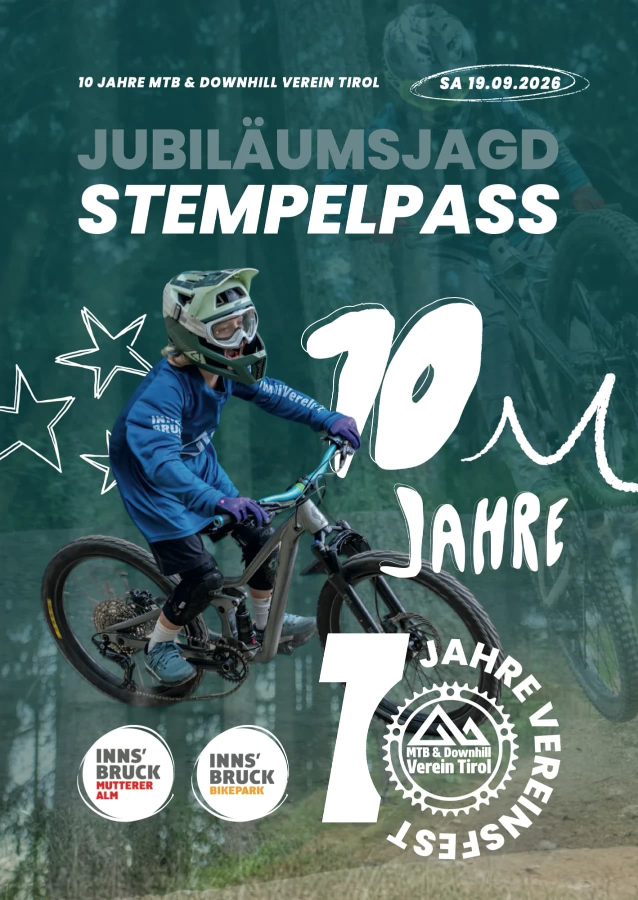 Stempelpass zur Jubiläumsjagd des MTB & Downhill Vereins Tirol, Titelseite: „Jubiläumsjagd Stempelpass“, ein Kind auf dem Mountainbike und das Zeichen „10 Jahre Vereinsfest“