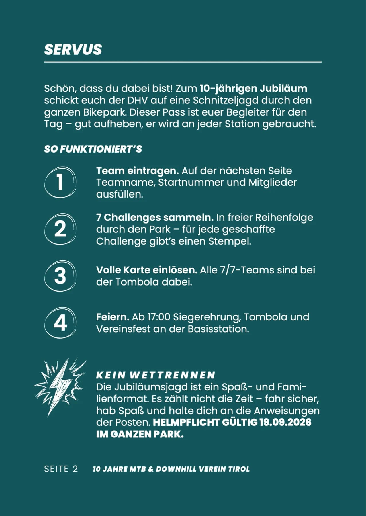 Stempelpass zur Jubiläumsjagd, Seite 2: „Servus“ – so funktioniert die Schnitzeljagd in vier Schritten, weiße Schrift auf Petrol
