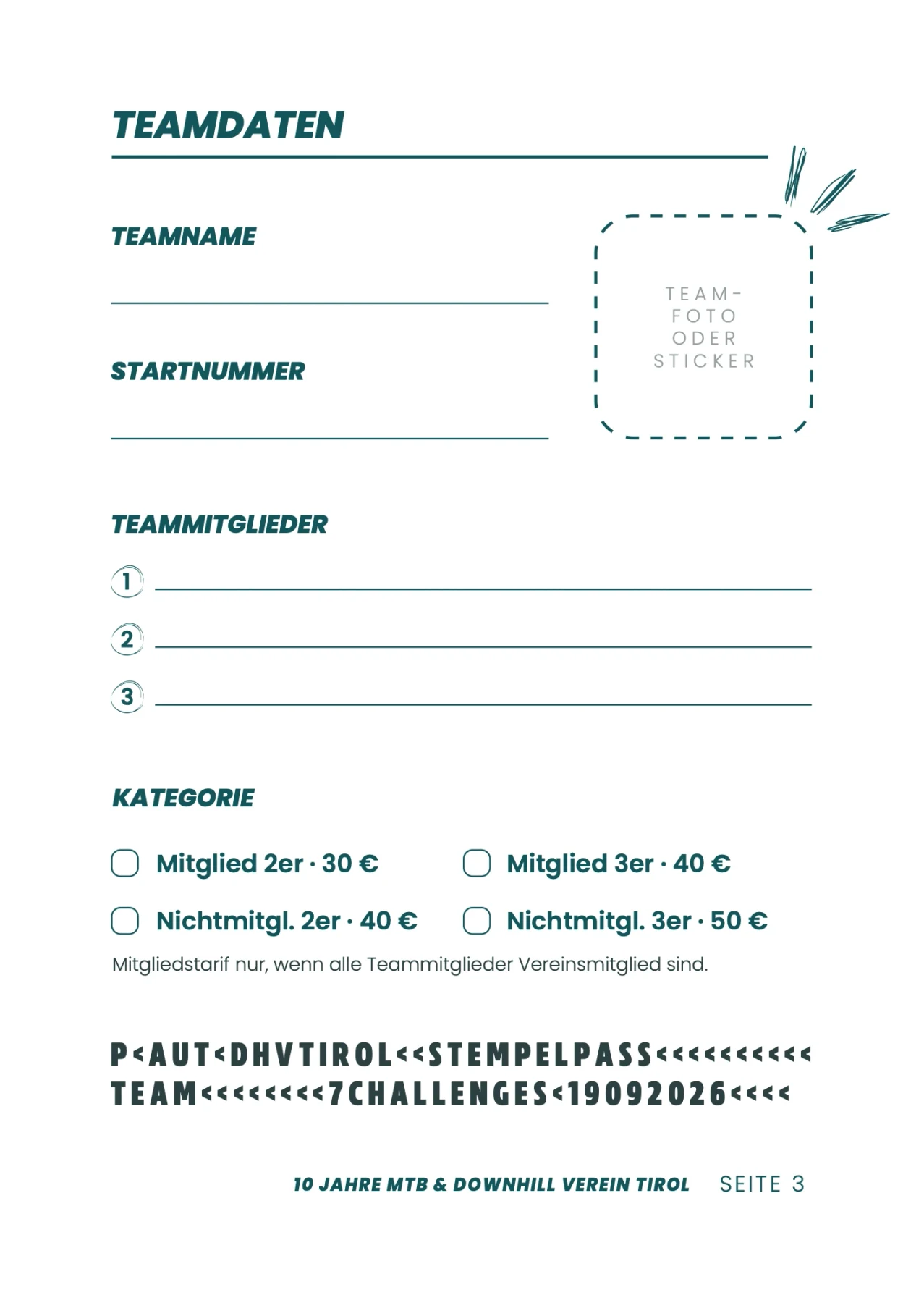 Stempelpass zur Jubiläumsjagd, Seite 3: Teamdaten mit Feldern für Teamname, Startnummer, Teammitglieder und Kategorie