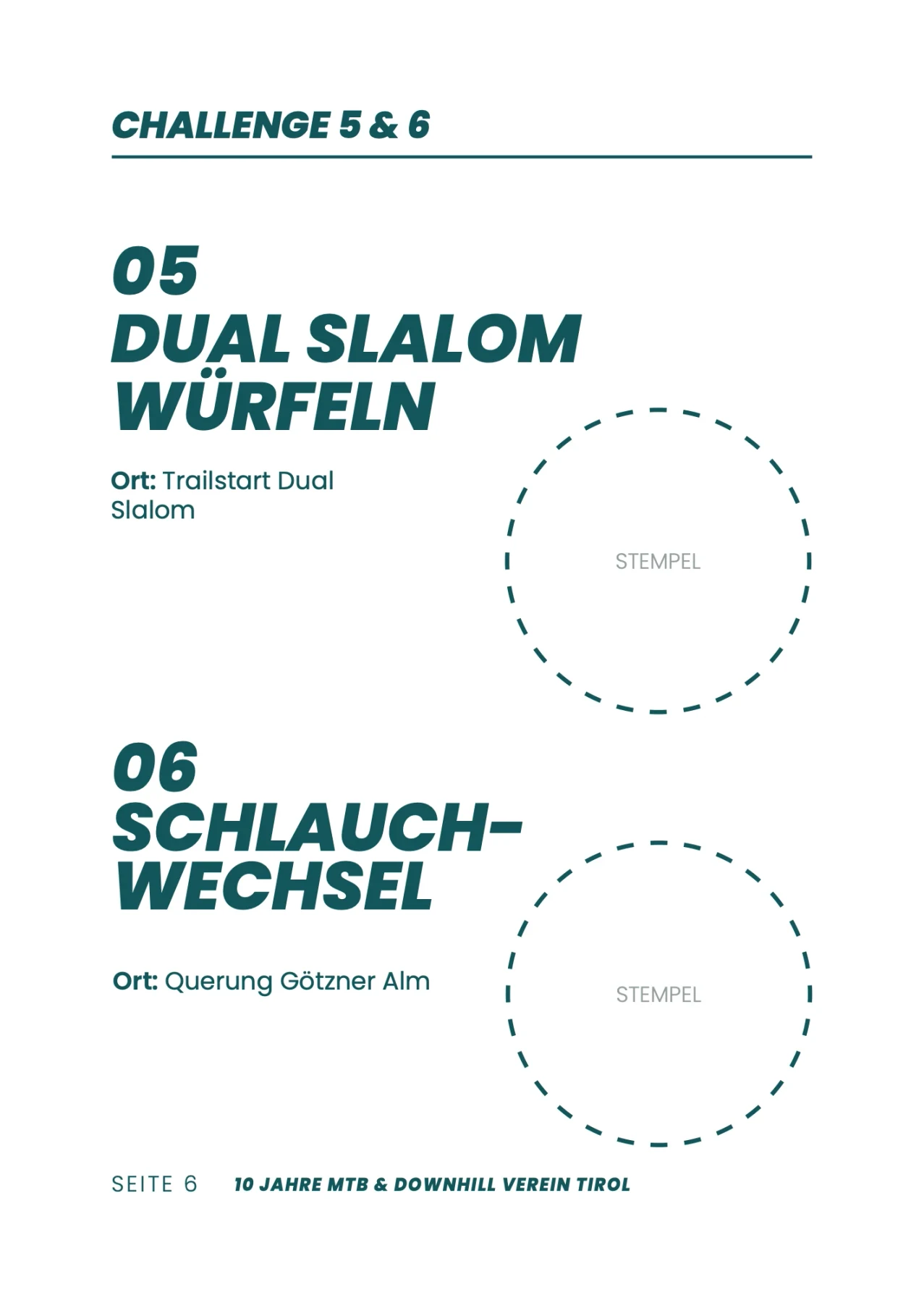 Stempelpass zur Jubiläumsjagd, Seite 6: Challenge 5 „Dual Slalom Würfeln“ und Challenge 6 „Schlauchwechsel“ mit Stempelfeldern
