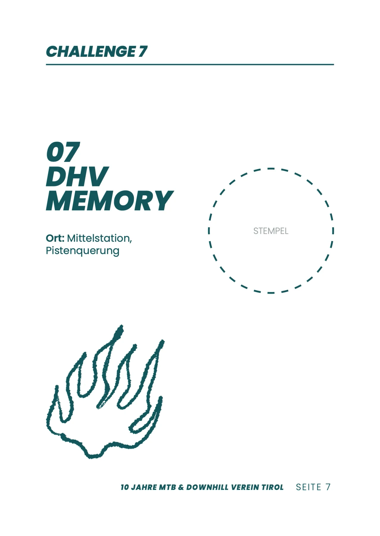 Stempelpass zur Jubiläumsjagd, Seite 7: Challenge 7 „DHV Memory“ mit Stempelfeld und einer gezeichneten Flamme