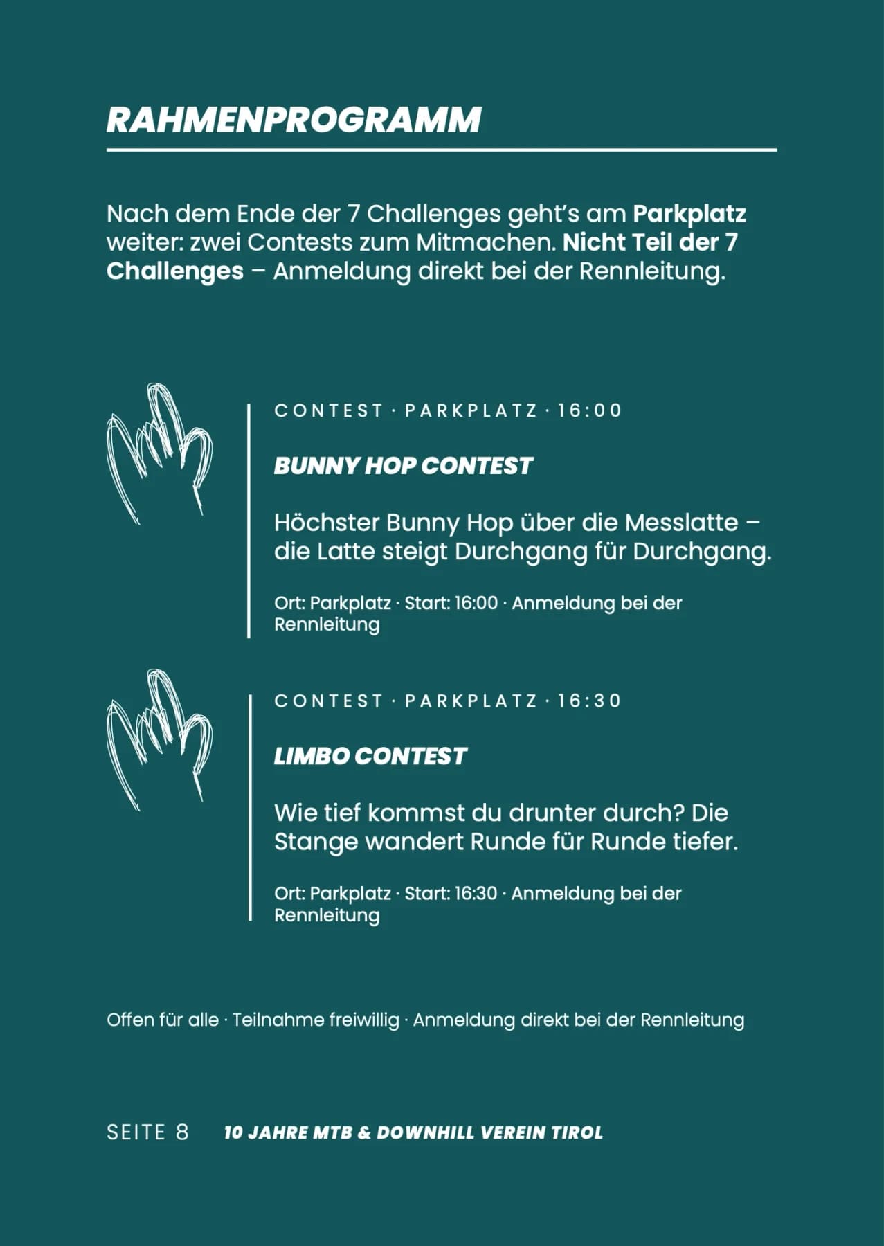 Stempelpass zur Jubiläumsjagd, Seite 8: Rahmenprogramm mit Bunny Hop Contest und Limbo Contest, weiße Schrift auf Petrol
