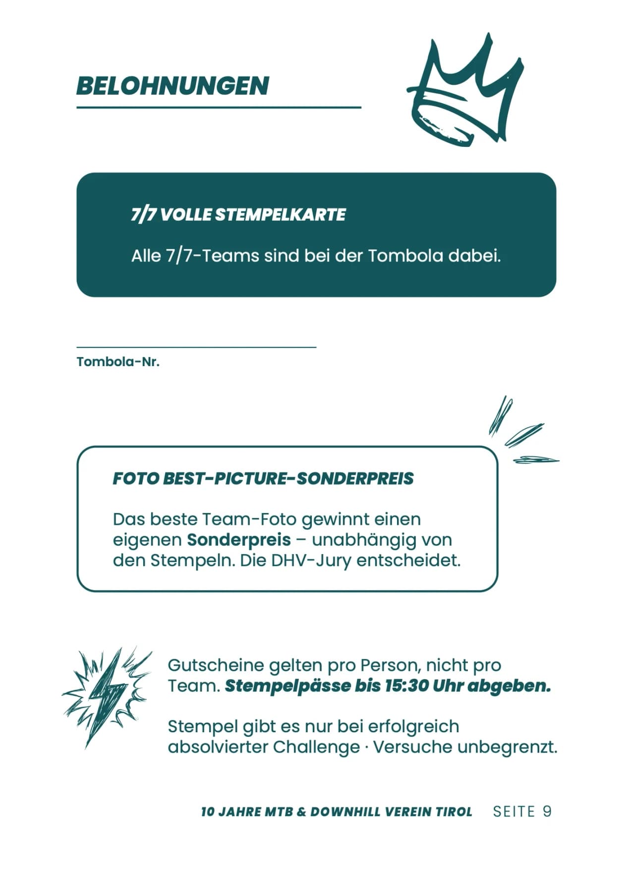 Stempelpass zur Jubiläumsjagd, Seite 9: Belohnungen – volle Stempelkarte, Tombola und Sonderpreis für das beste Teamfoto