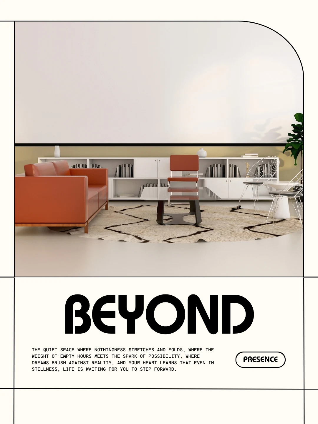 Instagram-Beitrag „Beyond“ von @visuals.of.thoughts: ein Wohnraum mit rotem Sofa und Stuhl in einem Rahmen aus schwarzen Linien, darunter das Wort in fetter Schrift und ein kurzer Text über Stille