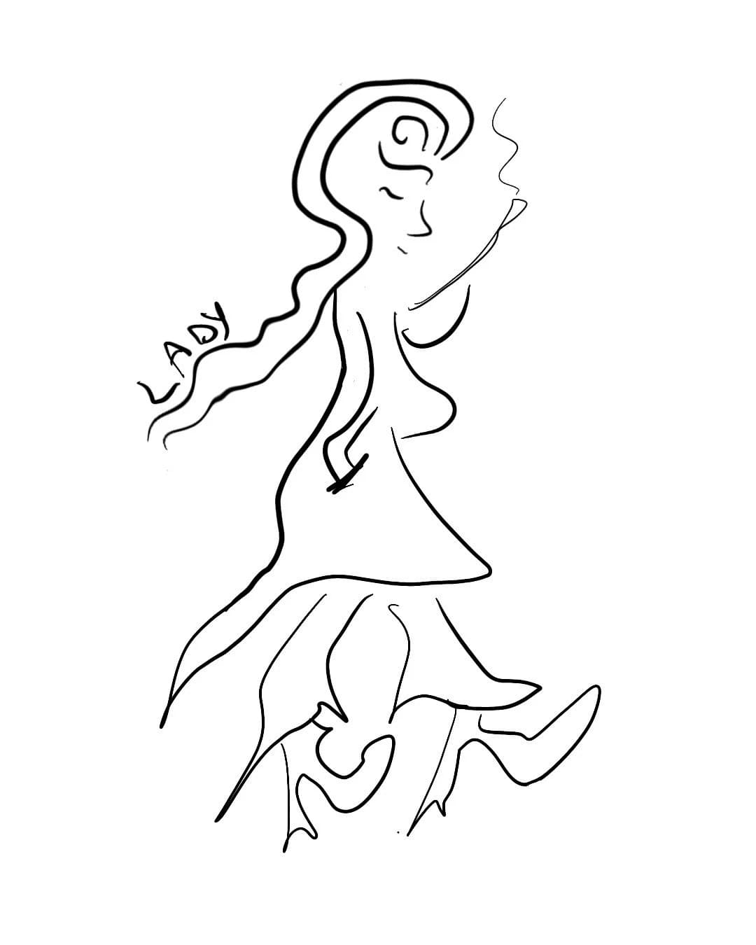 Scribble „Lady“ von @visuals.of.thoughts: eine Frau im Kleid mit wehendem Haar und Zigarettenspitze, in wenigen schwarzen Linien gezeichnet