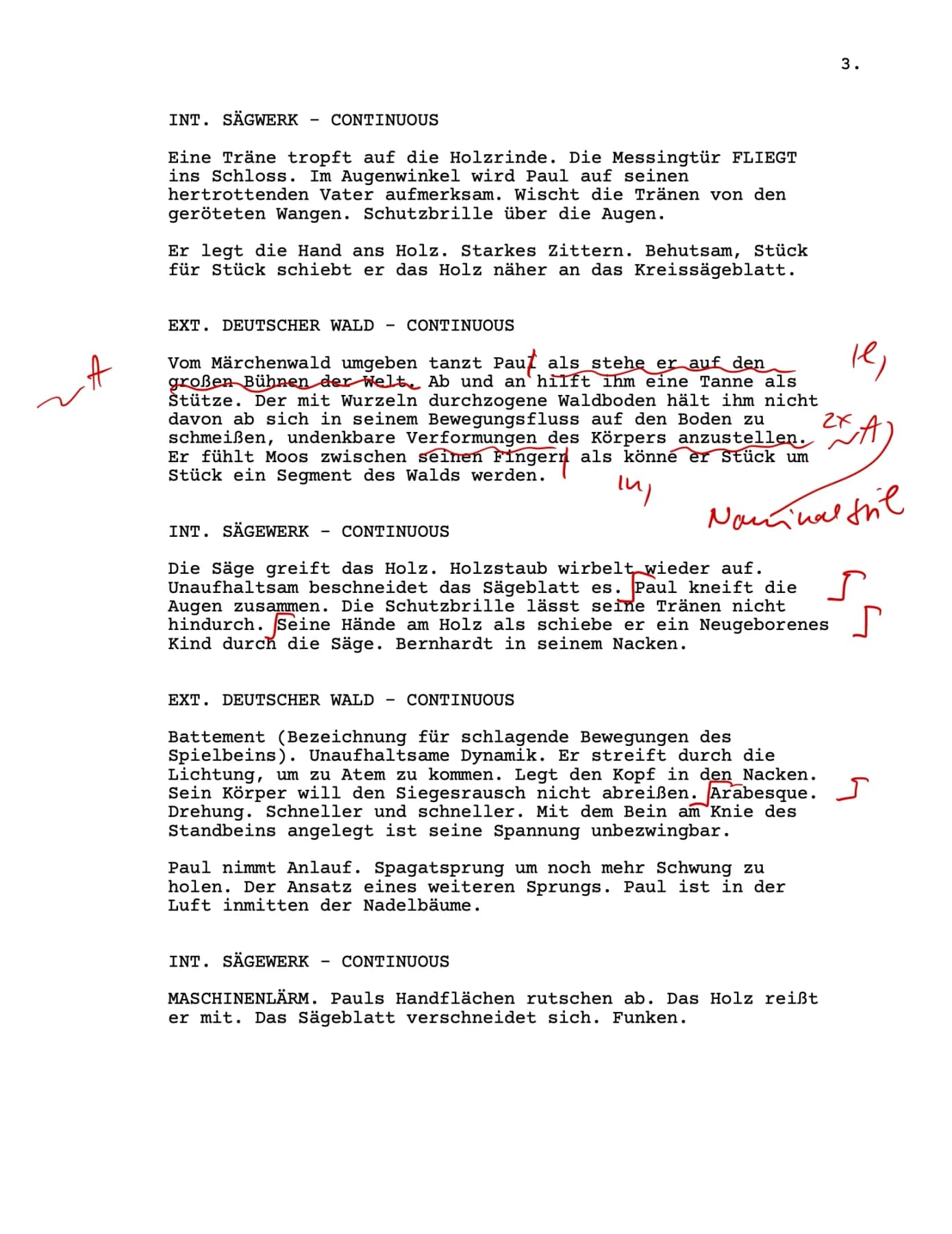 Drehbuch-Skript „Dunkelgrüner Frieden“ von Kristina Debertin, Seite 4: Schreibmaschinenschrift mit roten handschriftlichen Anmerkungen