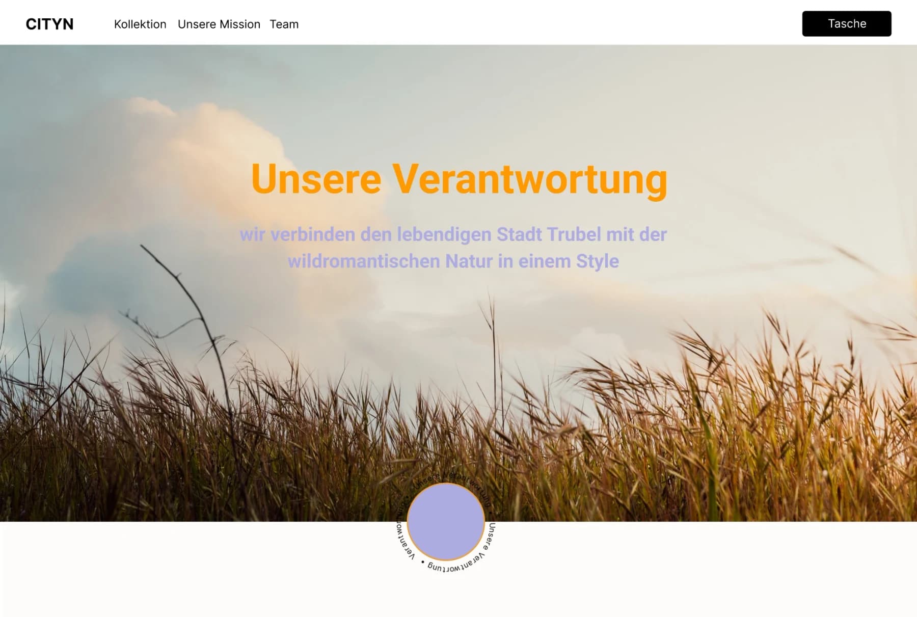 Website-Entwurf für die fiktive Modemarke CITYN, Startseite: über einem Feld aus hohem Gras vor Wolken steht in Orange „Unsere Verantwortung“, darunter „wir verbinden den lebendigen Stadt Trubel mit der wildromantischen Natur in einem Style“
