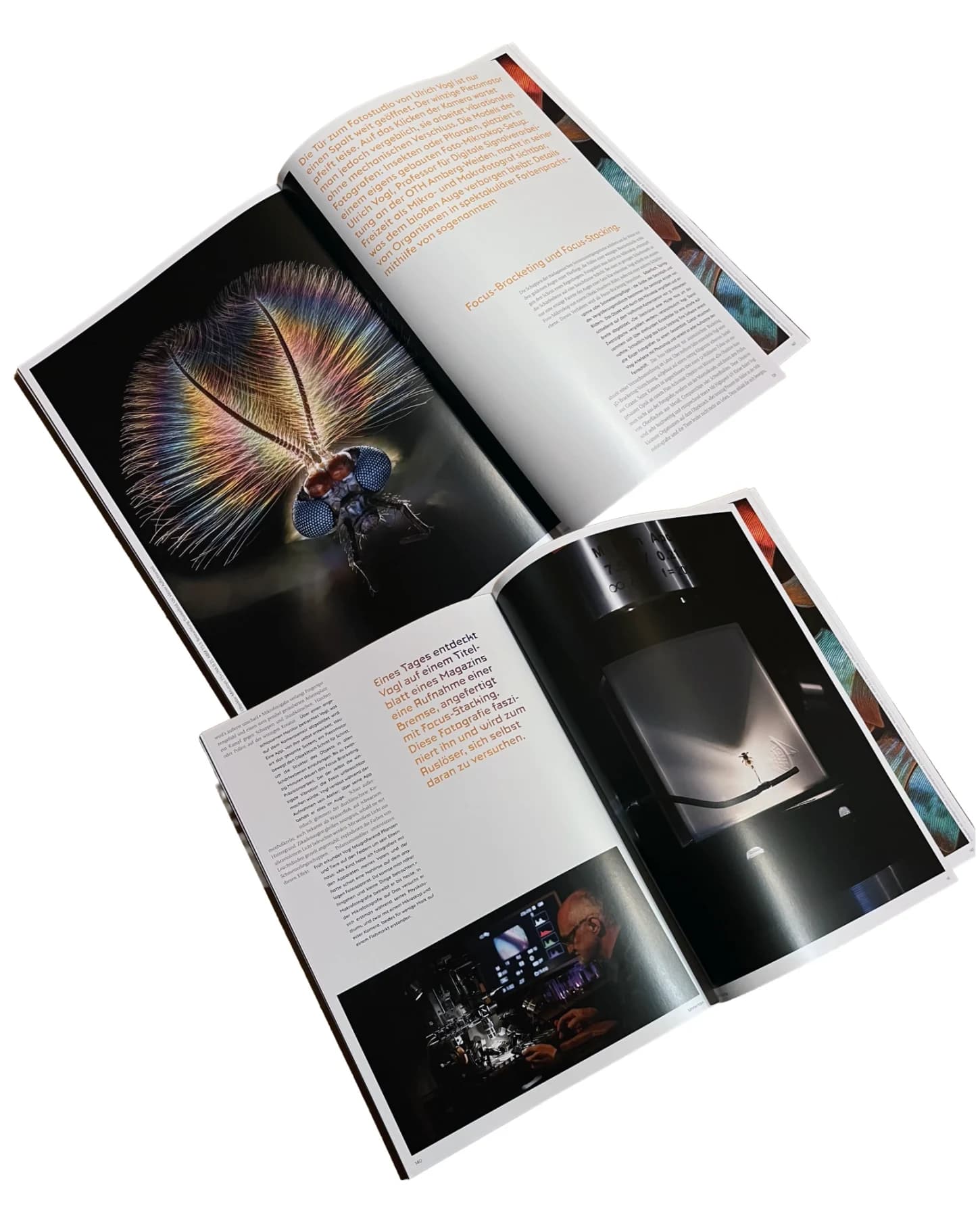 Zwei aufgeschlagene Doppelseiten des Hochschulmagazins schmitz der OTH Amberg-Weiden, schräg übereinander fotografiert: eine Strecke über Mikrofotografie mit dem Makrofoto eines Insekts, dessen Fühler in Regenbogenfarben auffächern, Text in Orange, dem Mikroskop-Aufbau und dem Fotografen am Bildschirm